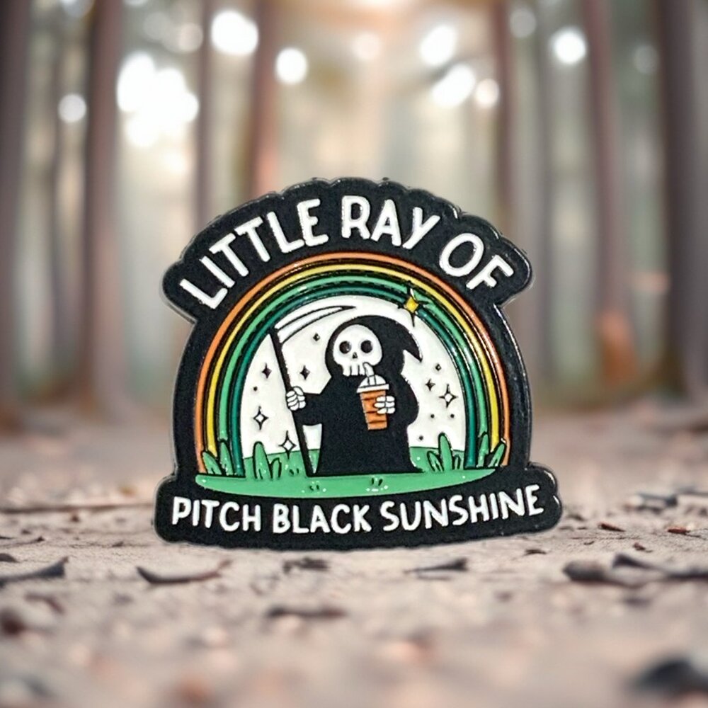 Little Ray of Pitch Black Sunshine Grim Reaper Death Coffee Enamel Pin
